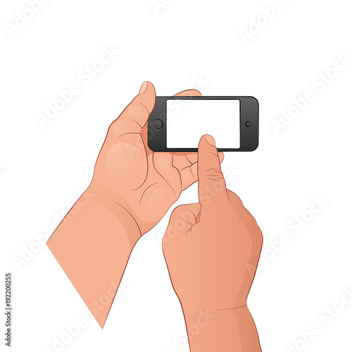 One hand holds the phone, the other turns it on with the index finger. Vector illustration isolated on white background.