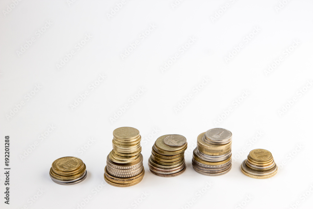 Money coins from multiple countries, copy space