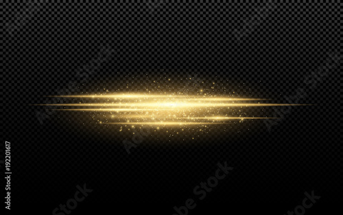 Abstract stylish light effect on a transparent background. Golden glowing neon lines in motion. Golden luminous dust and glare. Flash Light. luminous way. Vector illustration