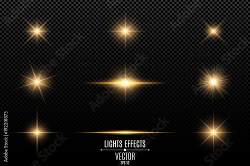 Collection of flashes, lights and sparks. Abstract golden lights isolated on a transparent background. Bright gold flashes and glares. Bright rays of light. Glowing lines. Vector illustration