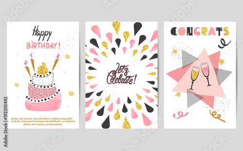Happy Birthday cards set in pink, black and golden colors. Celebration vector illustrations with birthday cake and champagne glasses.