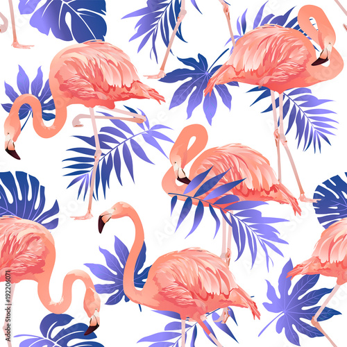Flamingo Bird and Tropical Flowers Background Seamless pattern