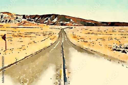 Watercolor of a road in a desert
