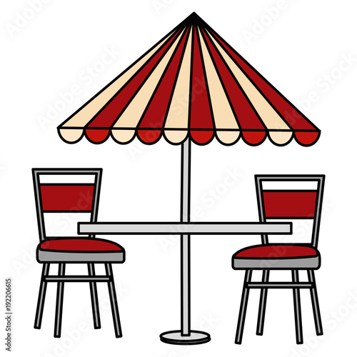 restaurant table with parasol and chairs vector illustration design