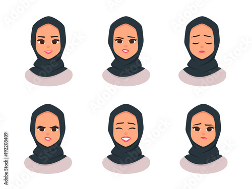 Set Smiling girl in hijab.Facial expressions Young Arabic business woman wearing hijab. Arabian Woman Face Covered with Hijab. Vector illustration isolated from white background photo