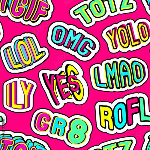 Colorful seamless pattern with patches, stickers, badges, pins with words "totz", "tgif", "yolo", "lol", "omg", "gr8", "rofl", "ily", "lmao". Redbackground. Teen slang c abbreviations.