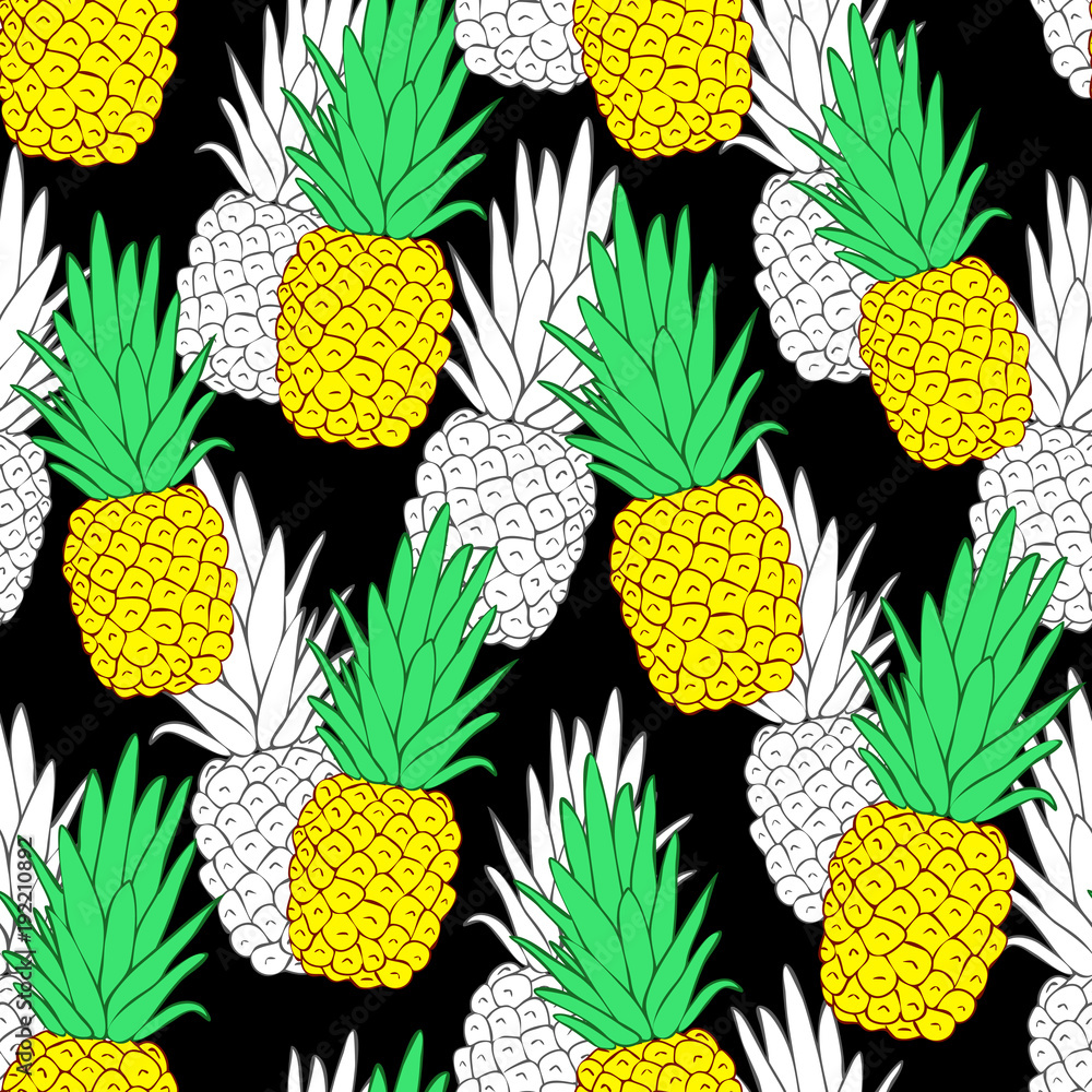 Fototapeta Tropikalny wzór z egzotycznymi ananasami. Czarne tło. Tło wektor. Nowoczesny styl kreskówki.