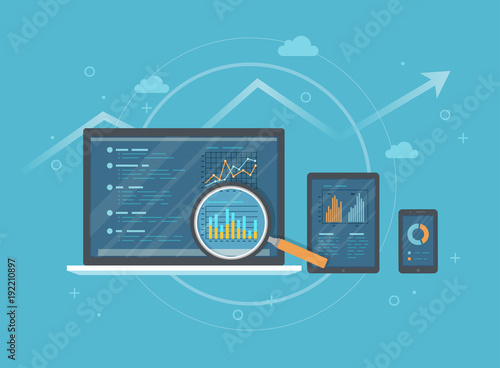 Online audit, research, analysis concept. Web and mobile service. Financial reports, charts graphs on screens of a laptop, phone, tablet. Business background banner. Vector illustration