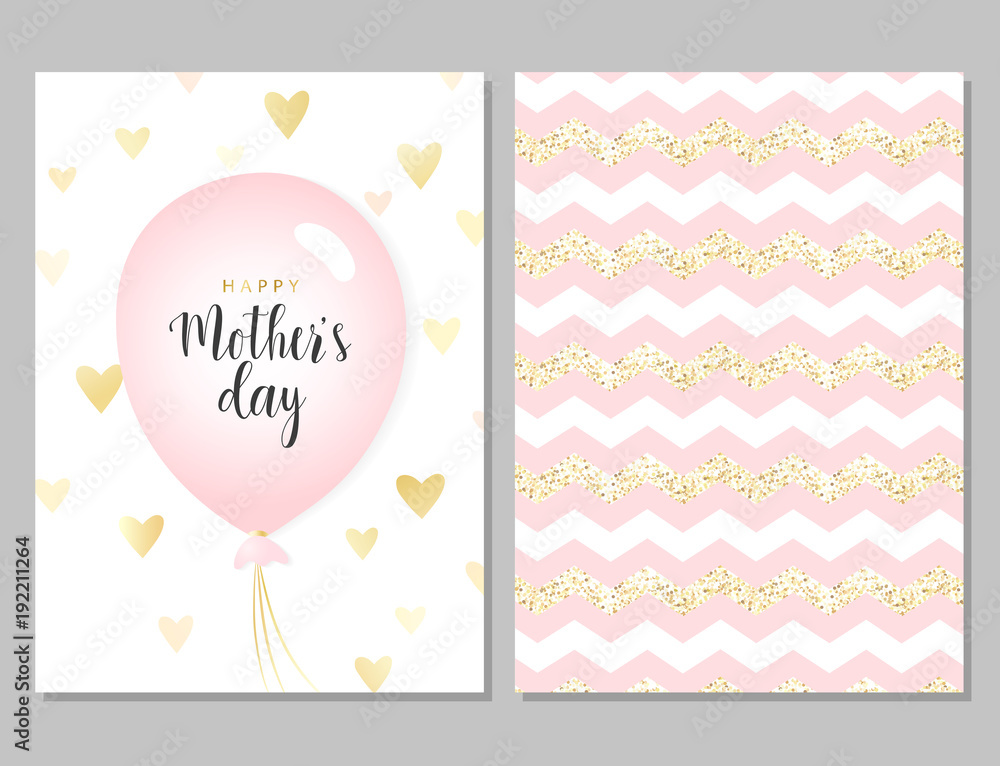 Happy mother's day template cards set. Vector greeting card with pink balloon, gold hearts and pink geometrical stripes. Greeting cute pink card for mother's day.