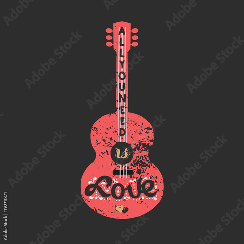 Motivated famous Music Quote Love is all you need. Acoustic Guitar silhouette. Template for holiday poster, flyer. Idea for design Valentine day party. Wedding event background. Vector Illustration