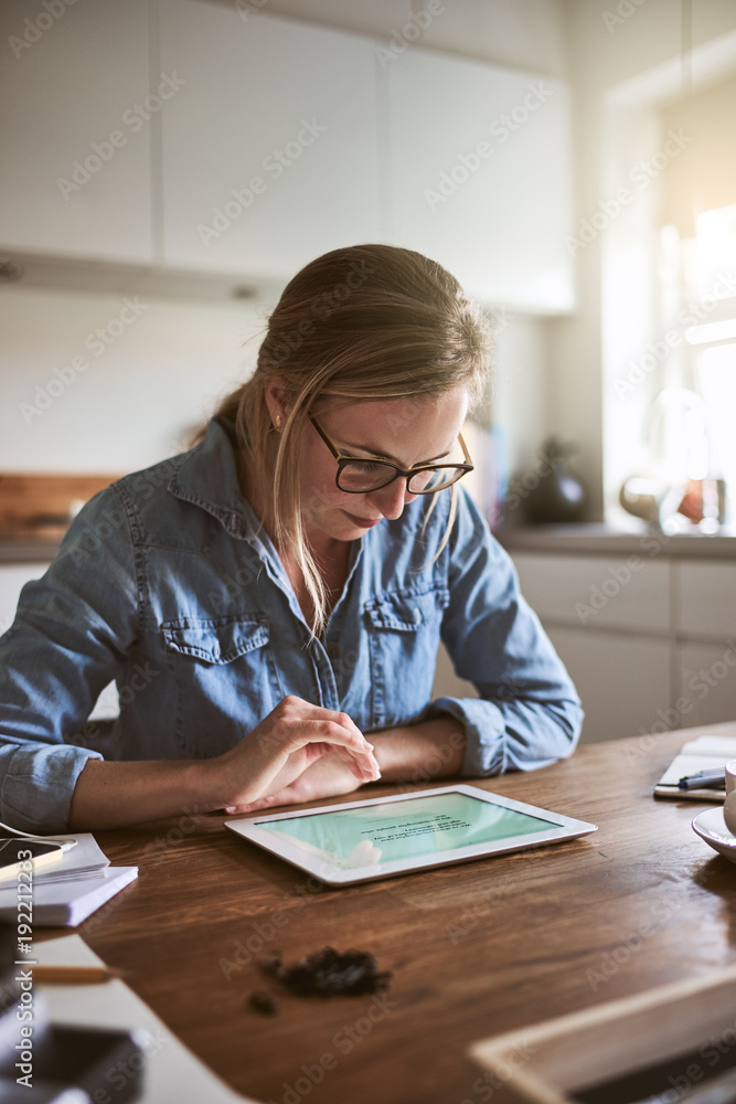 Focused young female entrepreneur working online at home Focused young female entrepreneur working online at home
