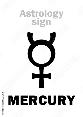 Astrology Alphabet: MERCURY, classic minor mental planet. Hieroglyphics character sign (single symbol).