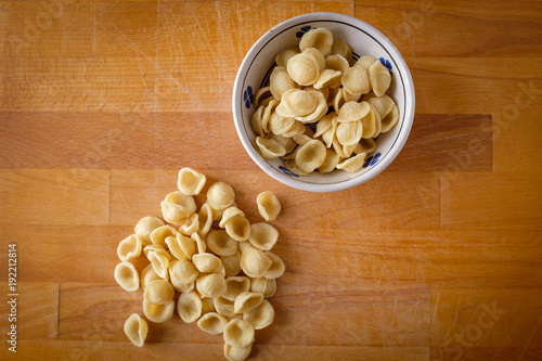 Typical Apulia region fresh pasta called orecchietta made of durum wheat semolina photo