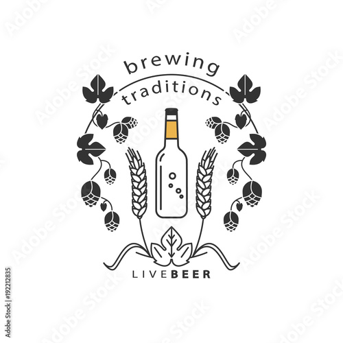 A bottle of beer and a frame made from hops and wheat. Vector line icon with traditional ingredients of brewing. Sign for the brewery, restaurant, menu.  Set of isolated elements.