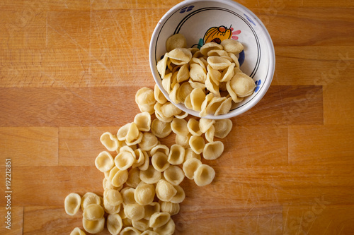 Typical Apulia region fresh pasta called orecchietta made of durum wheat semolina photo