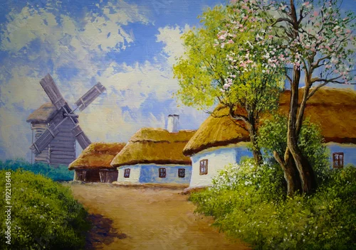 Fototapeta samoprzylepna Wiejskie obrazy olejne pejzaż, rzeka, wieś, dom