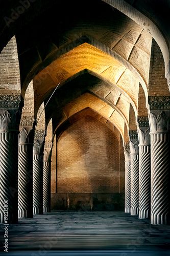 Iran, Shiraz, Vakil Mosque - September 17, 2016: Ancient columns of the Vakil Mosque in Shiraz. Ancient monument of architecture of Iran.