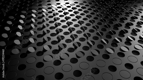 Close-up view of a futuristic metal surface with tiled round holes closed by rotating round caps. Tiled circles with square lattice for the Template. Abstract Technology Background. 3d rendering.