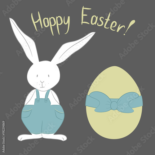 Открытка с надписью " Happy Easter" и иллюстрацией кролика и пасхального яйца