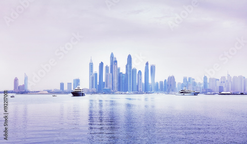 Dubai waterfront skyline  color toning applied  United Arab Emirates.