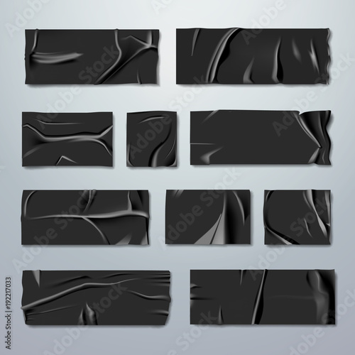 Adhesive or masking tape set. Black rubber insulating tape with folds with ripped edges isolated on background. Fixation or gluing. Repair or packaging theme. Stationery. Vector realistic illustration