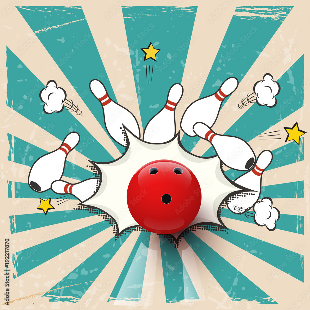 Naklejka premium Vector realistic bowling ball on pop art background. Bowling strike.