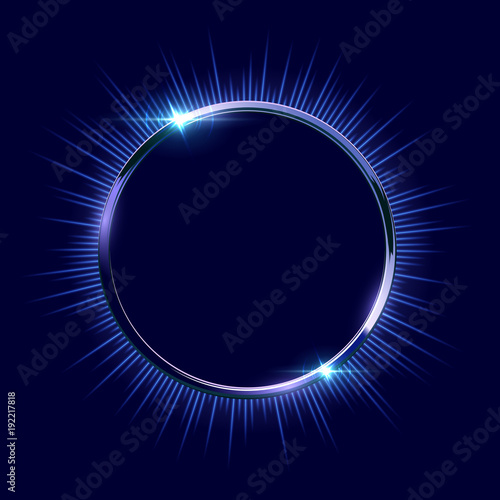 Vector blue shiny ring frame on dark blue background.  