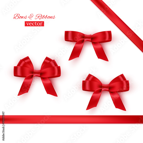 Red bows and ribbons. Vector realistic design elements set.