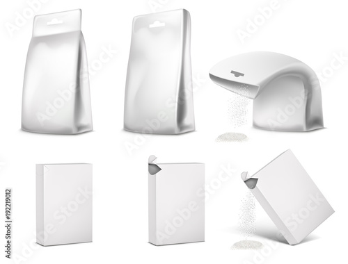 Vector illustration of blank white packaging, package design. Template of sachet, empty mockup of box, bag, pouch for food, cleaners. Opened, closed containers. Concept for advertising promotion.