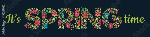 Beautiful Spring text with hand dawn flowers. Vector.