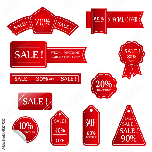 Set of red discount tickets, labels, stamps, stickers, corners, tags .vector.  eps 10.