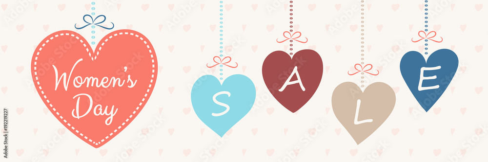 Women's Day Sale - cute poster with hand drawn hearts. Vector.
