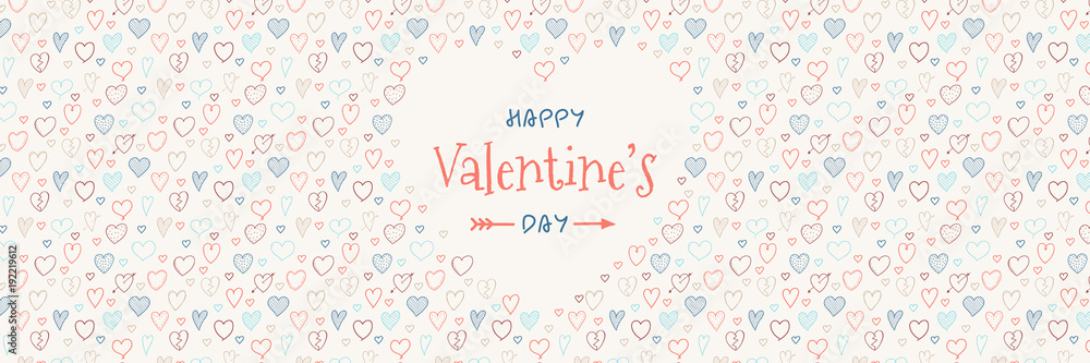 Valentine's Day - banner with cute hand drawn hearts. Vector.