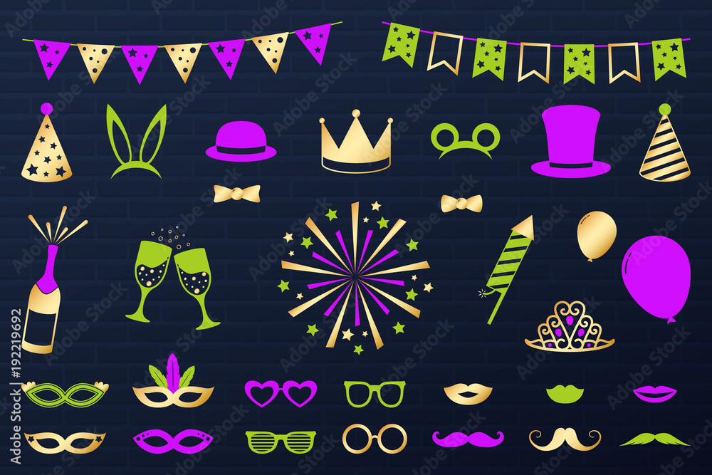 Collection of golden party icons. Vector.