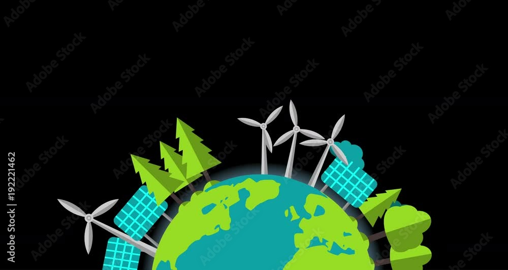 Pollution vs Sustainable Green Energy on Turning Planet Earth 4k Flat Vector Animation Video with Alpha Channel Pollution vs Sustainable Green Energy on Turning Planet Earth 4k Flat Vector Animation Video with Alpha Channel