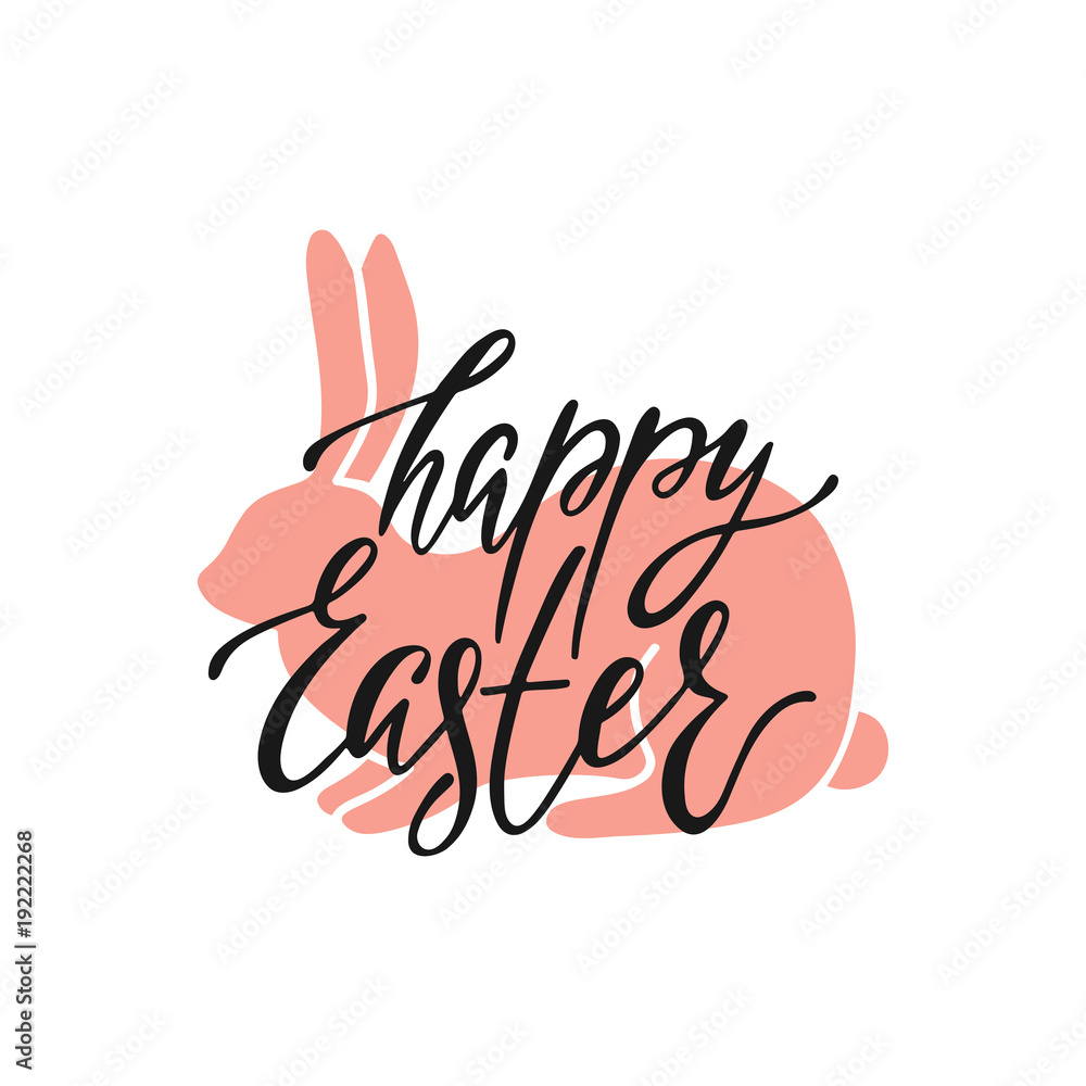 Obraz premium Happy Easter greeting card with silhouette of bunny. Handwritten vector lettering text. Calligraphic phrase. 