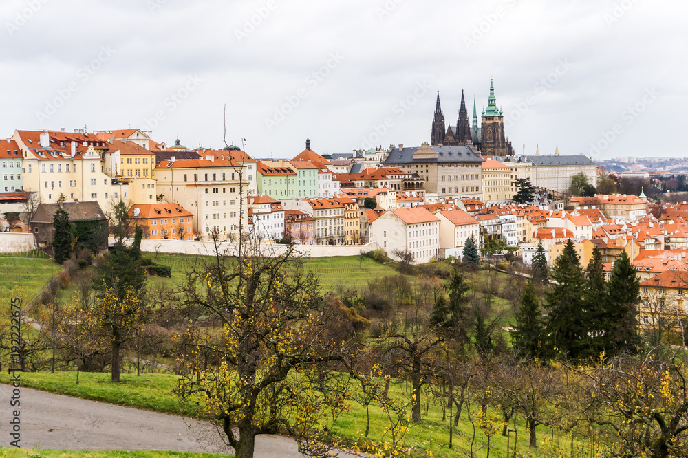 Skyline of Prague old houses and St. Vitus Cathedral, view from Petrin hill
