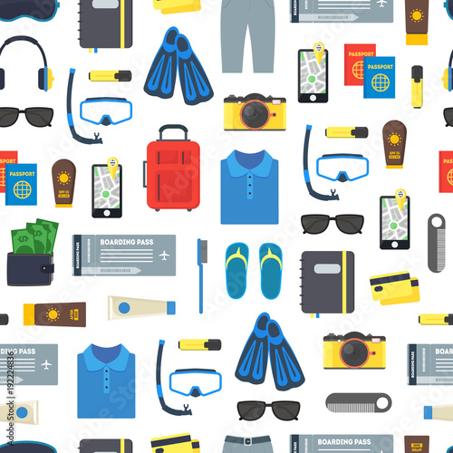 Cartoon Vacation and Travel Seamless Pattern Background. Vector