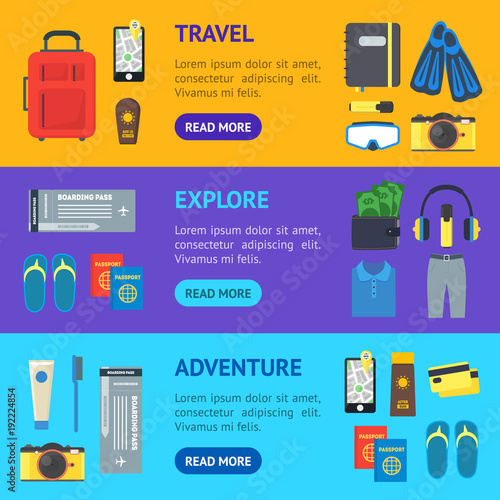 Cartoon Vacation and Travel Banner Horizontal Set. Vector