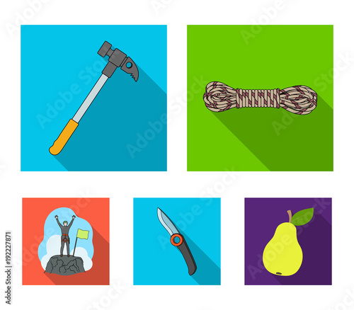 Climber on conquered top, coil of rope, knife, hammer.Mountaineering set collection icons in flat style vector symbol stock illustration web.