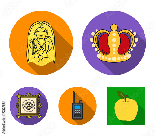 Crown, sarcophagus of the pharaoh, walkie-talkie, picture in the frame.Museum set collection icons in flat style vector symbol stock illustration web.