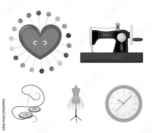 Needle and thread, sewing machine, pincushion, dummy for clothing. Sewing and equipment set collection icons in monochrome style vector symbol stock illustration web.