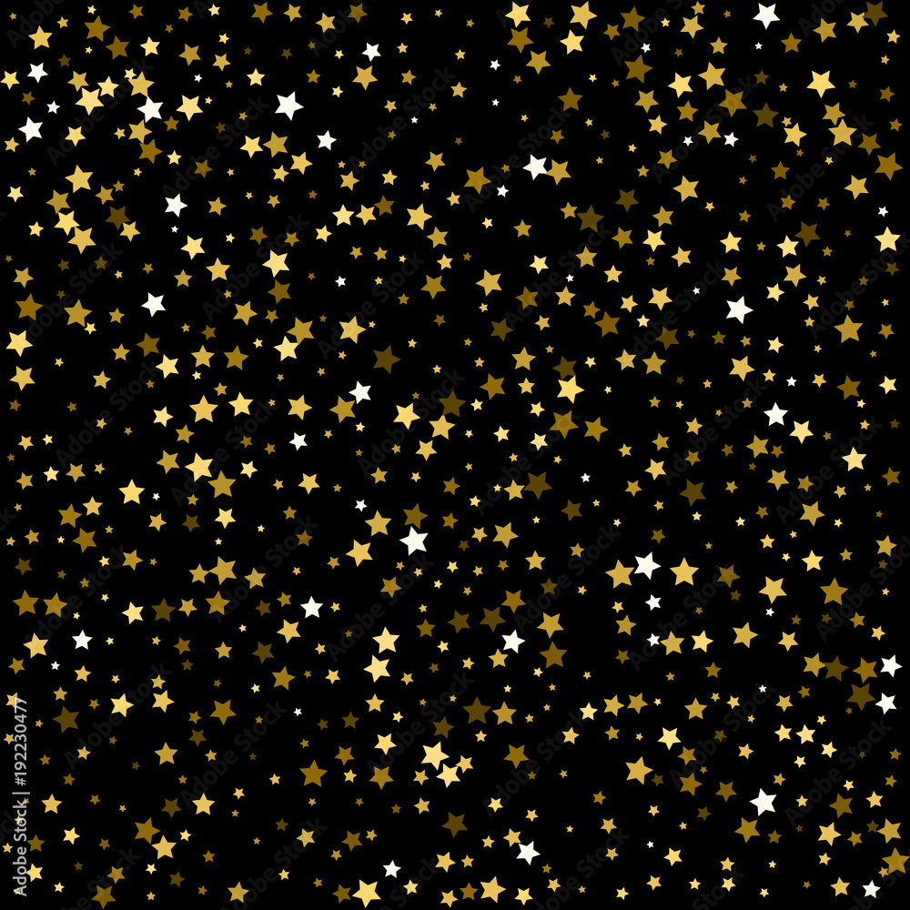 Abstract pattern of random falling gold stars on black background. Glitter pattern for banner, greeting card, Christmas and New Year card, invitation, postcard, paper packaging. Vector illustration