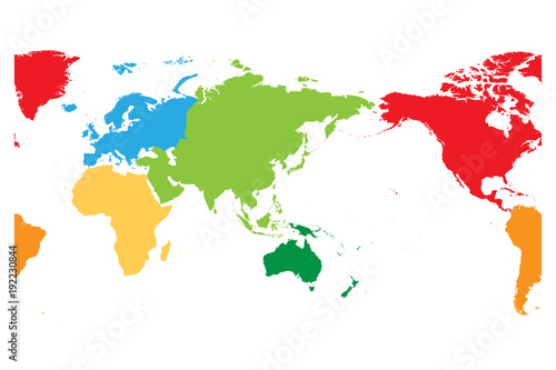 World map divided into six continents. Asia and Australia centered. Each continent in different color. Simple flat vector illustration.