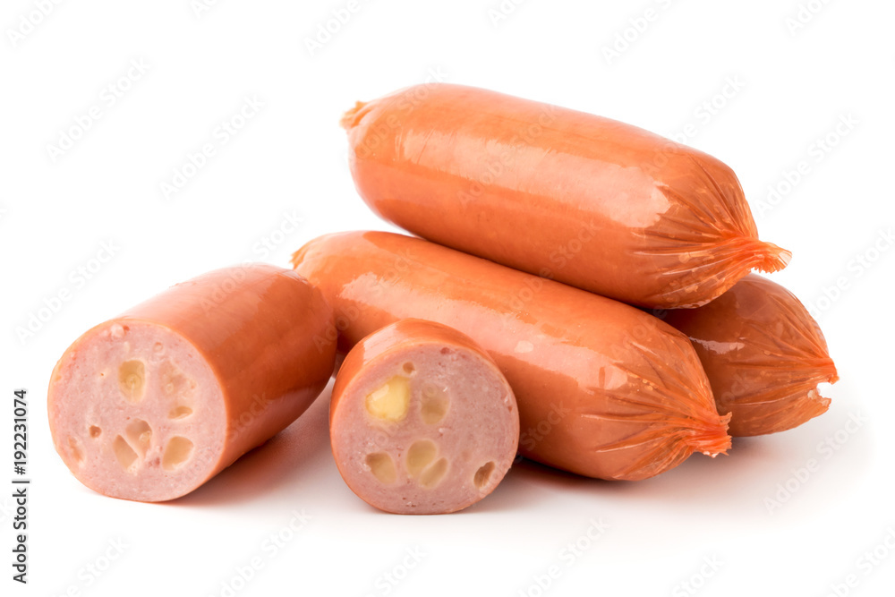 Sausages with cheese, isolated. Sausages with cheese, isolated.