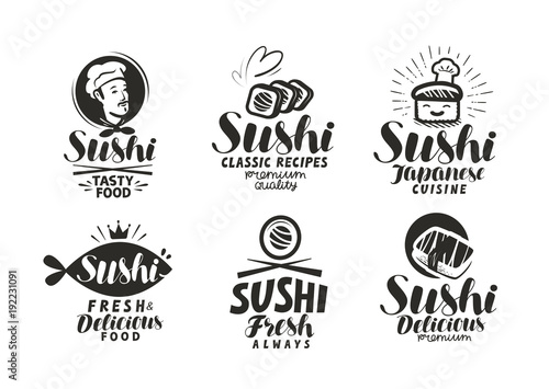Sushi and Rolls logo or label. Japanese food menu. Lettering vector illustration