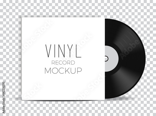Realistic empty music gramophone vinyl LP record with cover on transparent background. Design template of retro long play for advertising, branding, mockup. Vector illustration.