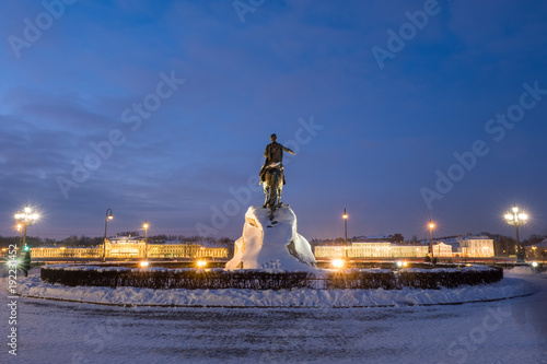 Bronze Horseman (Monument to Peter the Great) on the Senate Square in St. Petersburg in winter. Its opening was held on 7 (18) August 1782