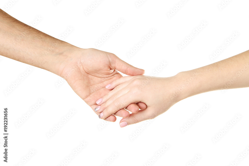 Female and male hand holding each other on white background