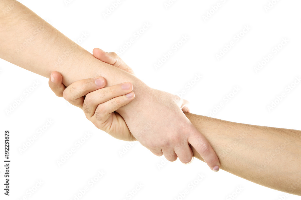Female and male hand holding each other on white background Female and male hand holding each other on white background